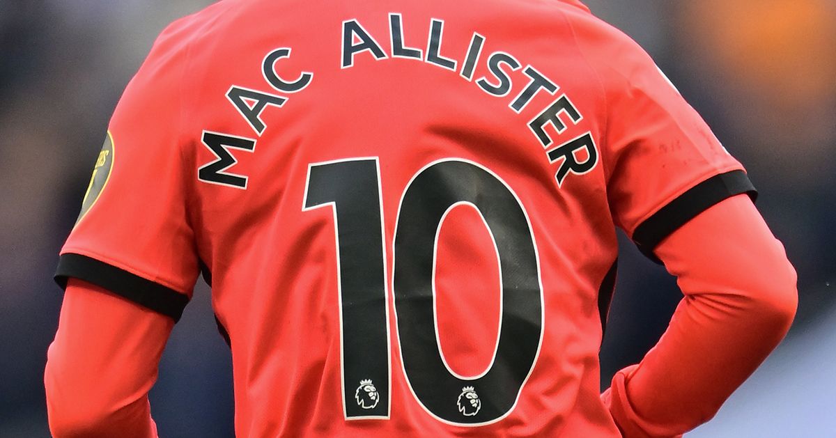 New Liverpool signing Alexis Mac Allister of Brighton &amp; Hove Albion during the Premier League match between Tottenham Hotspur and Brighton &amp; Hove Albion at Tottenham Hotspur Stadium on April 8, 2023 in London, United Kingdom.