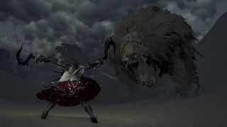 Promotional screenshot of a player fighting a Doshaguma in Monster Hunter Wilds