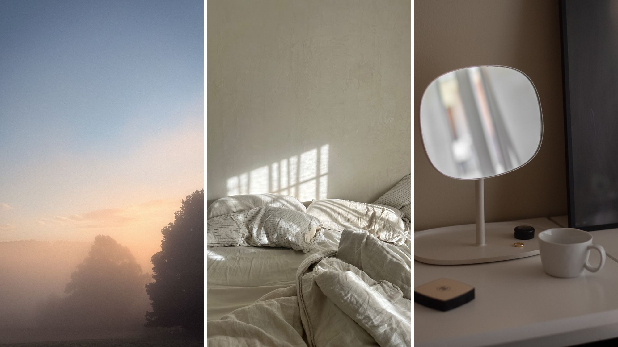 A foggy sunrise, an unmade bed and a vanity with a mirror and a mug