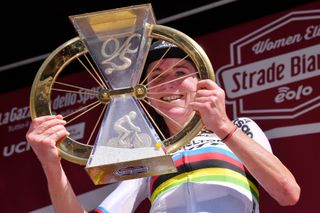 SIENA ITALY AUGUST 01 Podium Annemiek Van Vleuten of The Netherlands and Team Mitchelton Scott World Champion Jersey Celebration Trophy during the Eroica 6th Strade Bianche 2020 Women Elite a 136km race from Siena to Siena Piazza del Campo StradeBianche on August 01 2020 in Siena Italy Photo by Luc ClaessenGetty Images