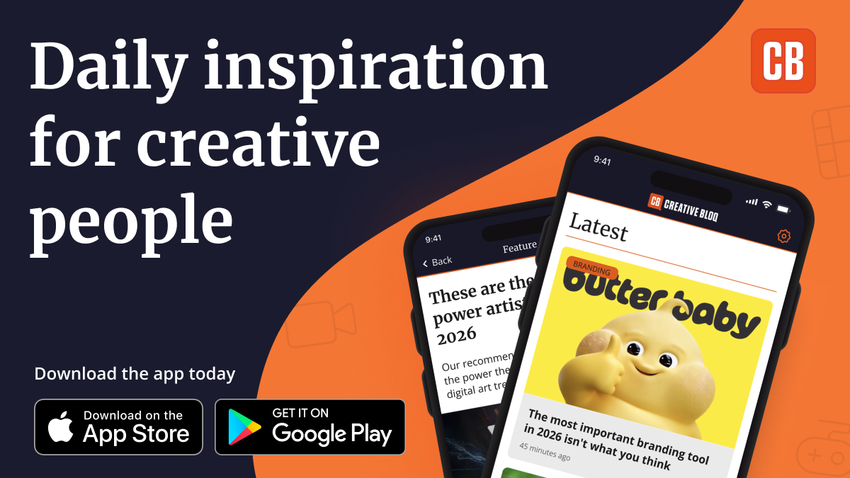 Daily inspiration for creative people text with mobile screens with the CB app on it and buttons to download on the App or Google Play stores.