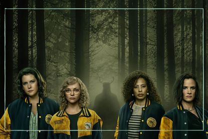 Melanie Lynskey as Shauna, Christina Ricci as Misty, Tawny Cypress as Taissa, and Juliette Lewis as Natalie in Yellowjackets