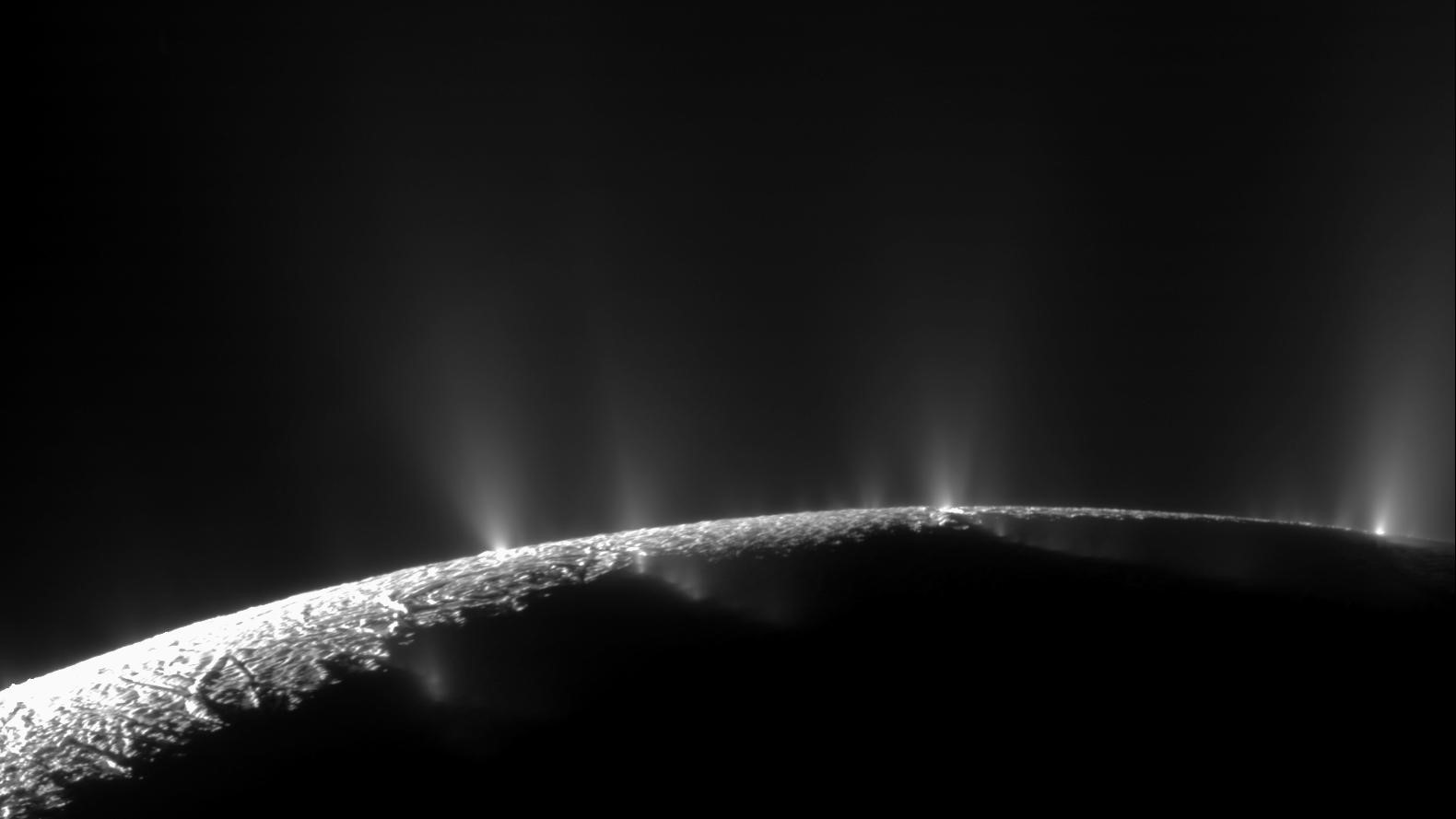 Enceladus' plumes could be carrying microorganisms within their water.