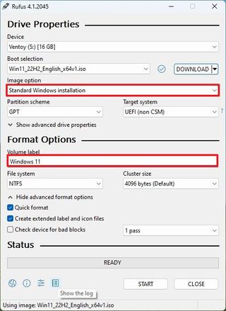 Rufus Windows 11 USB creation settings