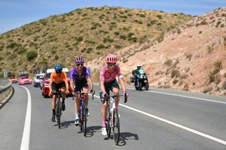 MONTILLA SPAIN SEPTEMBER 02 Ander Okamika Bengoetxea of Spain and Team Burgos BH Julius Van Den Berg of Netherlands and Team EF Education Easypost and Joan Bou Company of Spain and Team Euskaltel Euskadi compete in the breakaway during the 77th Tour of Spain 2022 Stage 13 a 1684km stage from Ronda to Montilla 315m LaVuelta22 WorldTour on September 02 2022 in Montilla Spain Photo by Justin SetterfieldGetty Images