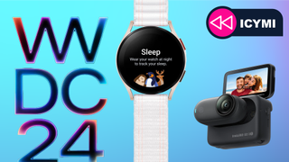 A Galaxy Watch FE, Insta 360 GO 3S and the WWDC 2024 logo