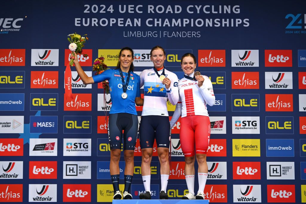 The 2024 European Championship women's podium (l-r) Elisa Balsamo (Italy, Lorena Wiebes (Netherlands), Daria Pikulik (Poland)