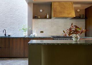 Wooden kitchen cabinets with gold a stove top and gold colored extraction fan. A kitchen island sits in the middle of the kitchen with a plant pot