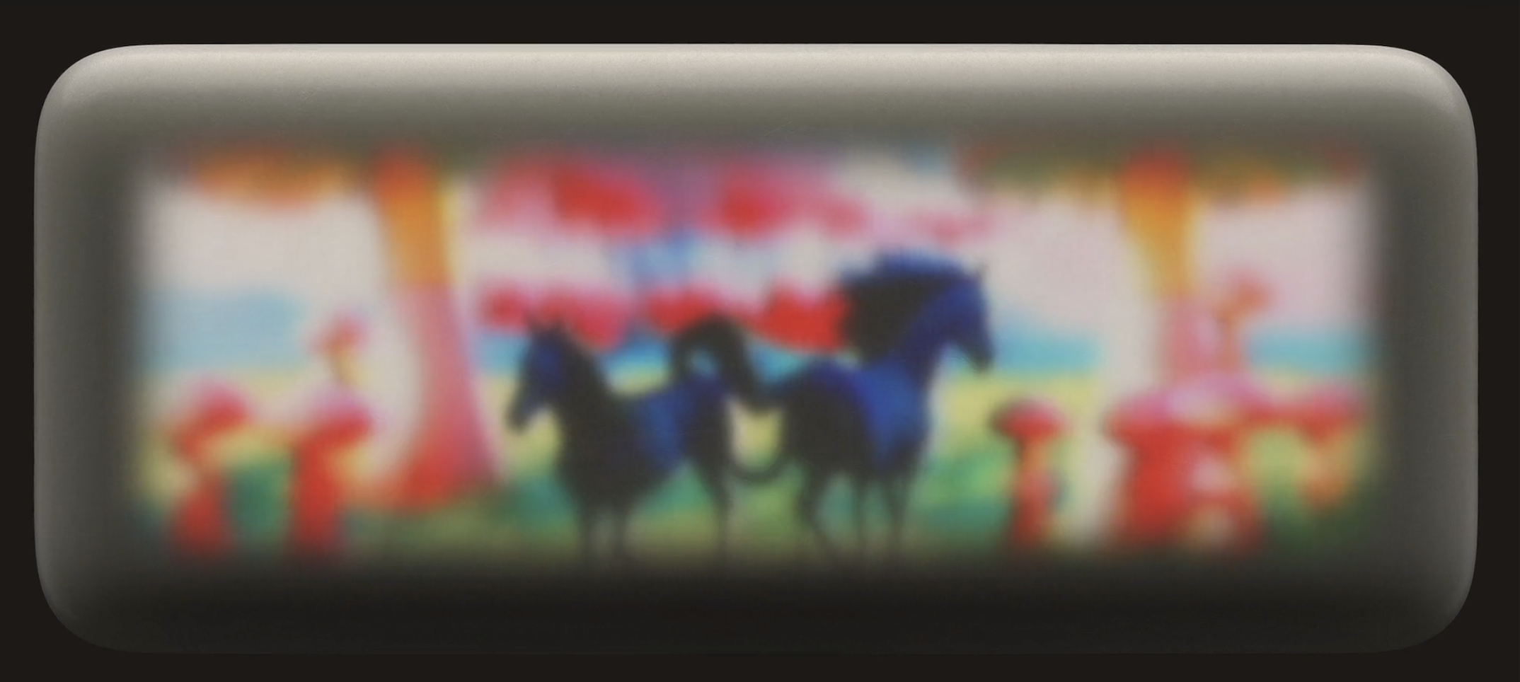 A soft-focus, dreamlike scene within a rounded grey frame depicts two dark horses standing in a fantastical forest filled with oversized red mushrooms.
