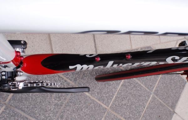 The down tube flares out at either end and is pinched in the middle; it's an eye-catching design