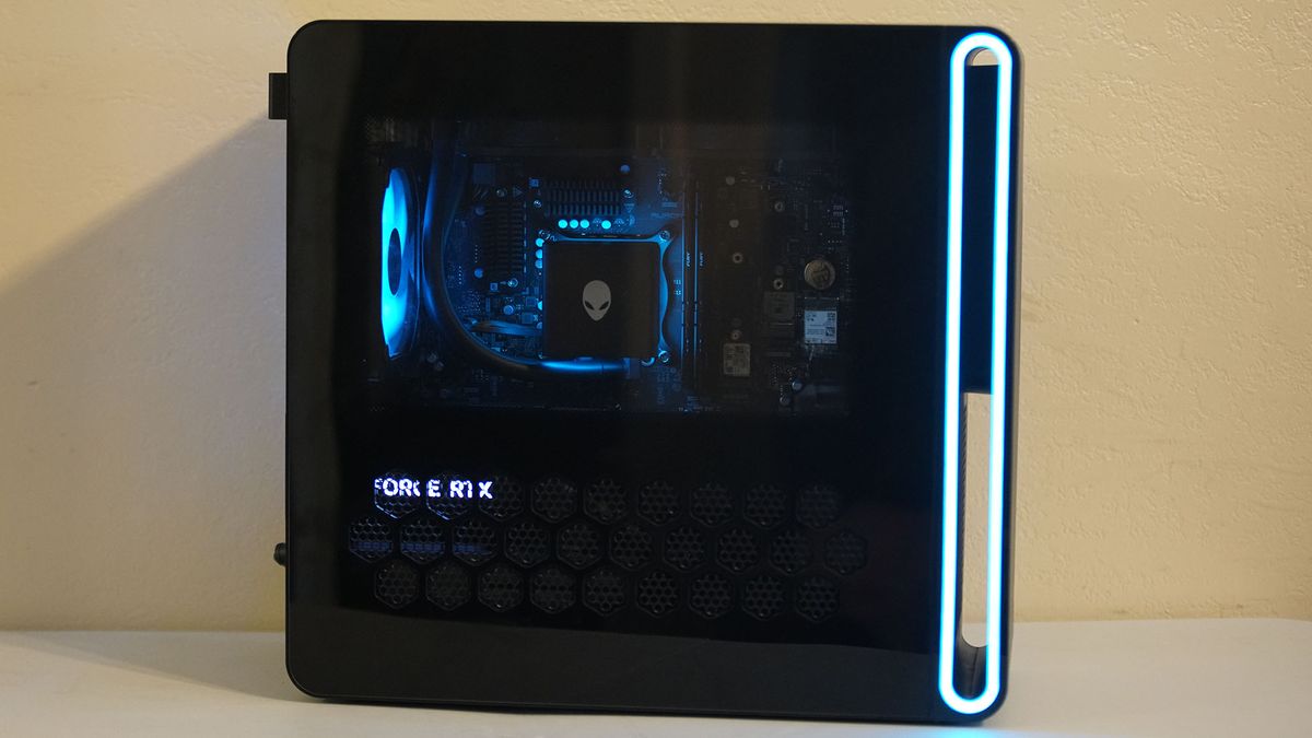 An Alienware Aurora gaming desktop on a desk seen from the side