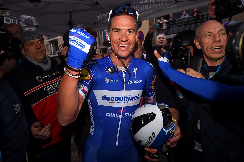 Zdenek Stybar (Deceuninck-QuickStep) celebrates his win at Omloop Het Nieuwsblad