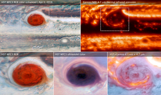Simultaneous observations of Jupiter's Great Red Spot gathered on April 1, 2018, by the Hubble Space Telescope and the Gemini Observatory, during the Juno spacecraft's 12th perijove. Upper-left and lower-left images show the spot in visible light as seen by Hubble. The upper right shows the spot in infrared as seen by Gemini, showing the tendency for bright infrared areas to align with dark visible-light areas.