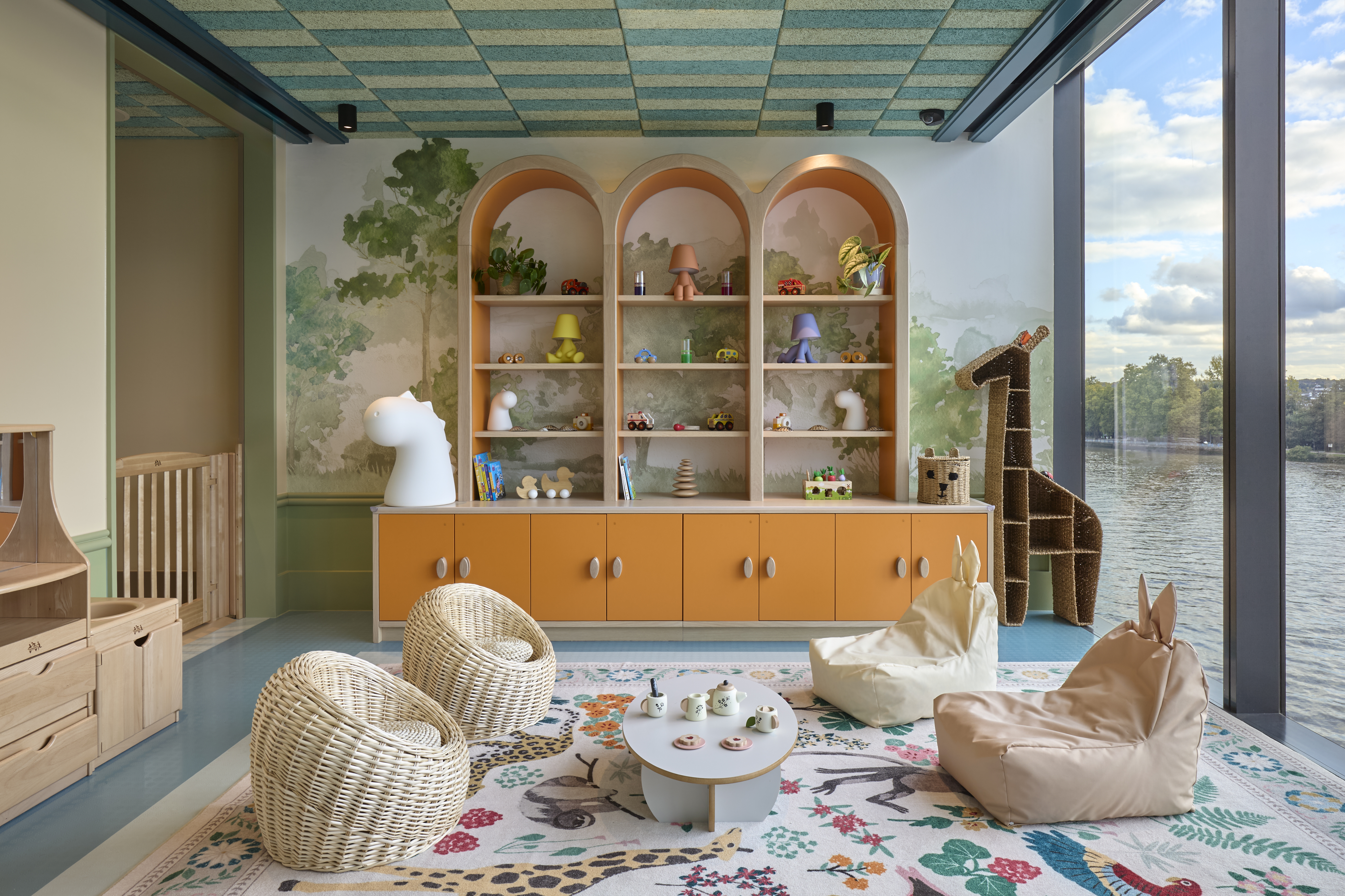 A series of shots capturing the naturally lit, boldly eclectic interiors of a members' club decorated in patterned fabrics, colorful tilework, reflective surfaces, and Art Deco lighting, with occasional industrial touches.