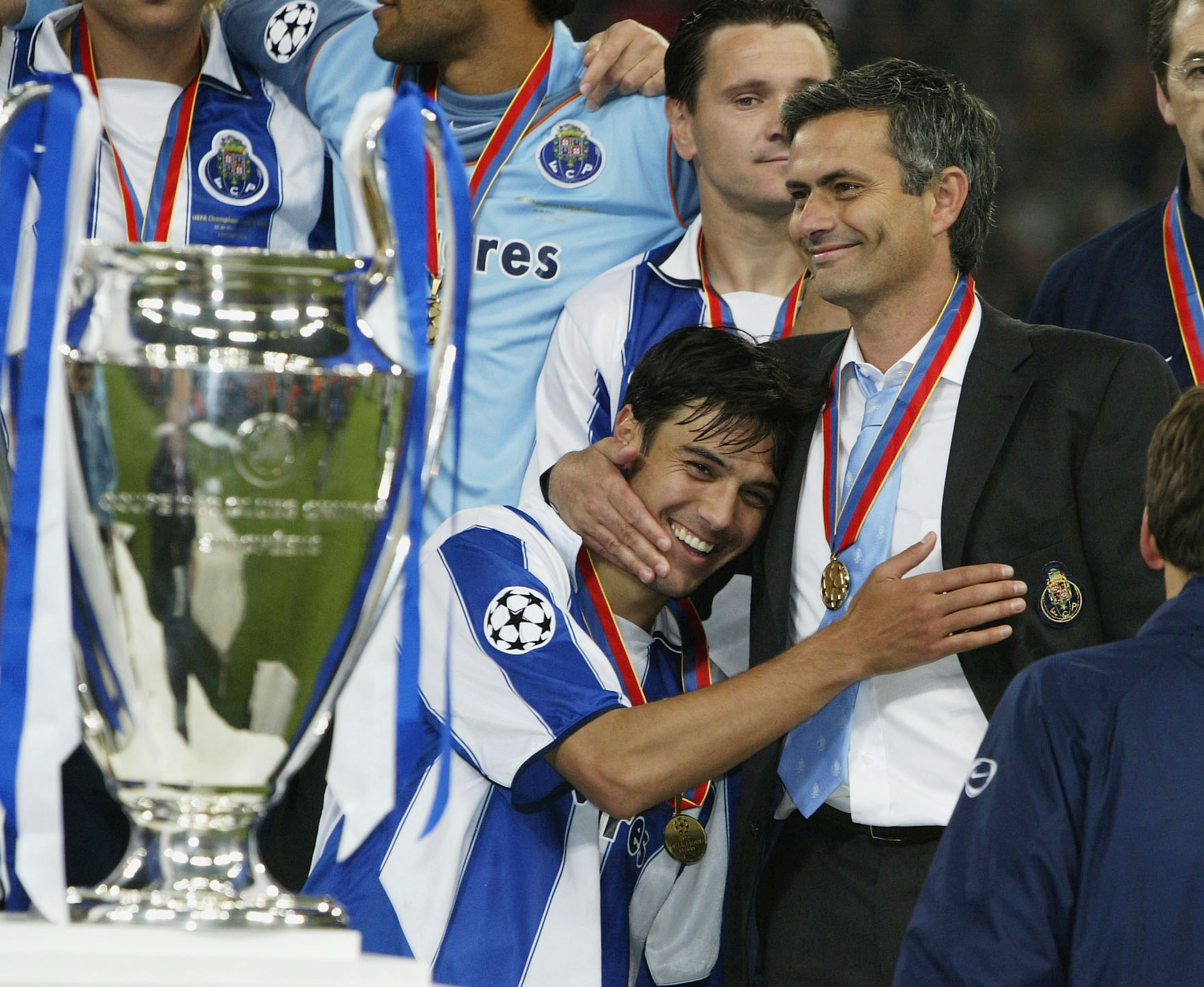 Jose Mourinho hugs Nuno Valente after Porto's Champions League final win over Monaco in May 2004.