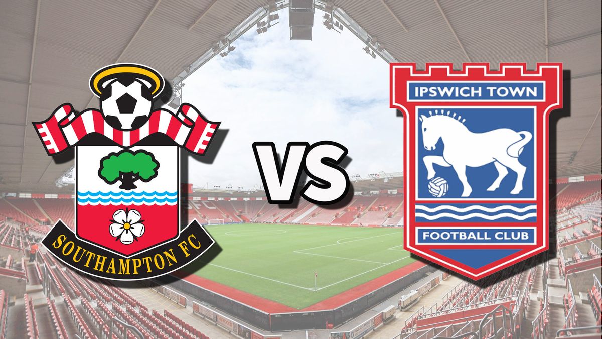 The Southampton and Ipswich Town club badges on top of a photo of St. Mary’s Stadium in Southampton, England, ahead of the Southampton vs Ipswich Town live stream