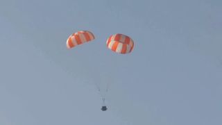 The Indian Space Research Organisation conducts a drop test of the parachute system for its Gaganyaan astronaut capsule on Nov. 3, 2025.
