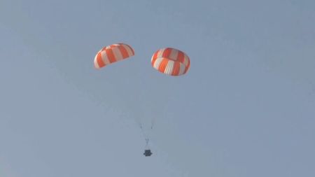The Indian Space Research Organisation conducts a drop test of the parachute system for its Gaganyaan astronaut capsule on Nov. 3, 2025.