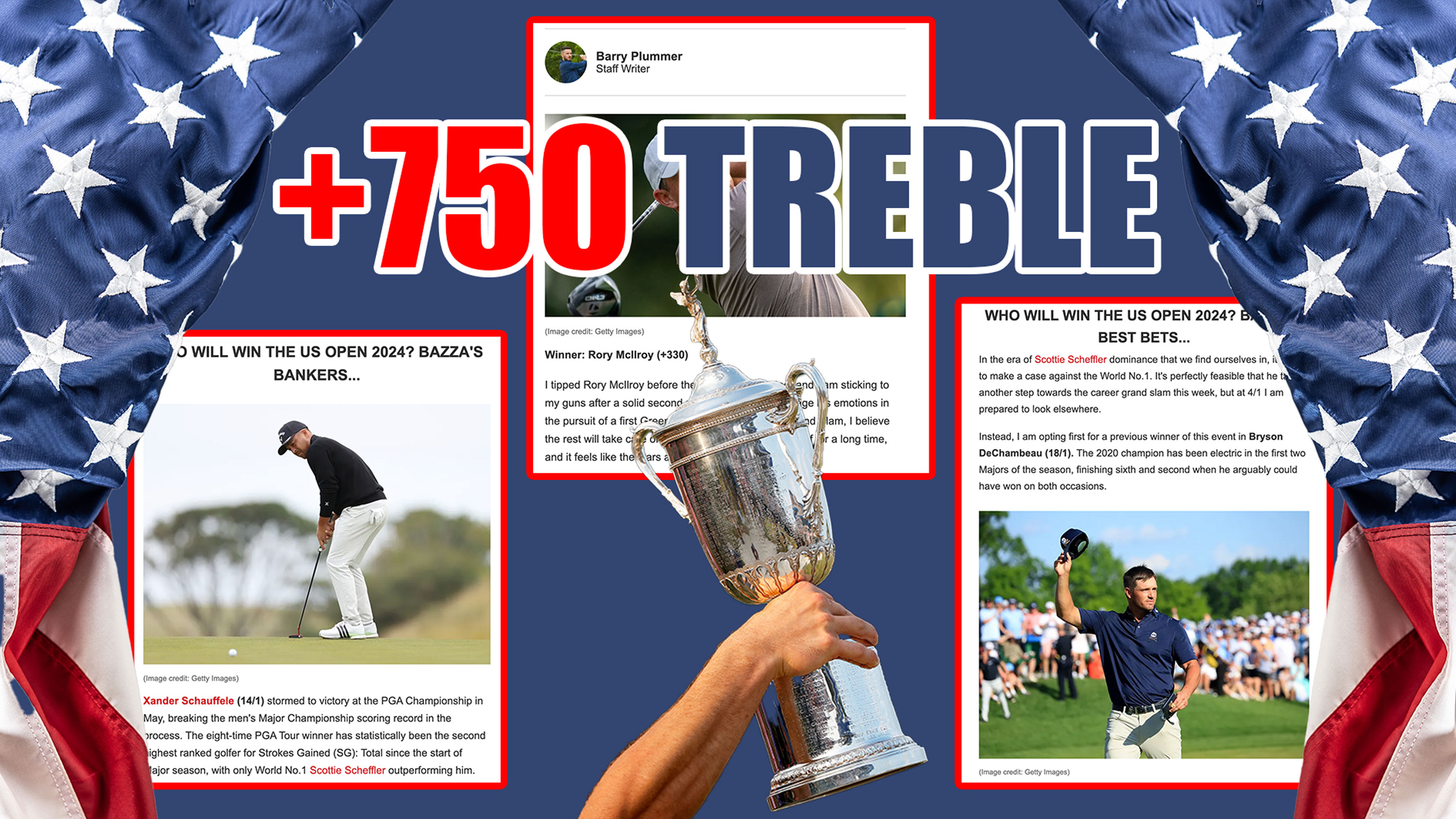 An American flag border to reference the 2025 US Open with three inset images of screenshots from the Golf Monthly website where I have predicted the winner of the last three Major Championships, with another inset image of the US Open trophy being lifted and text reading &#039;+750 treble&#039; to reference the price of the bet