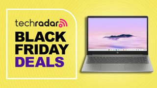 HP Chromebook Plus 15 Chromebook against a yellow TechRadar deals background
