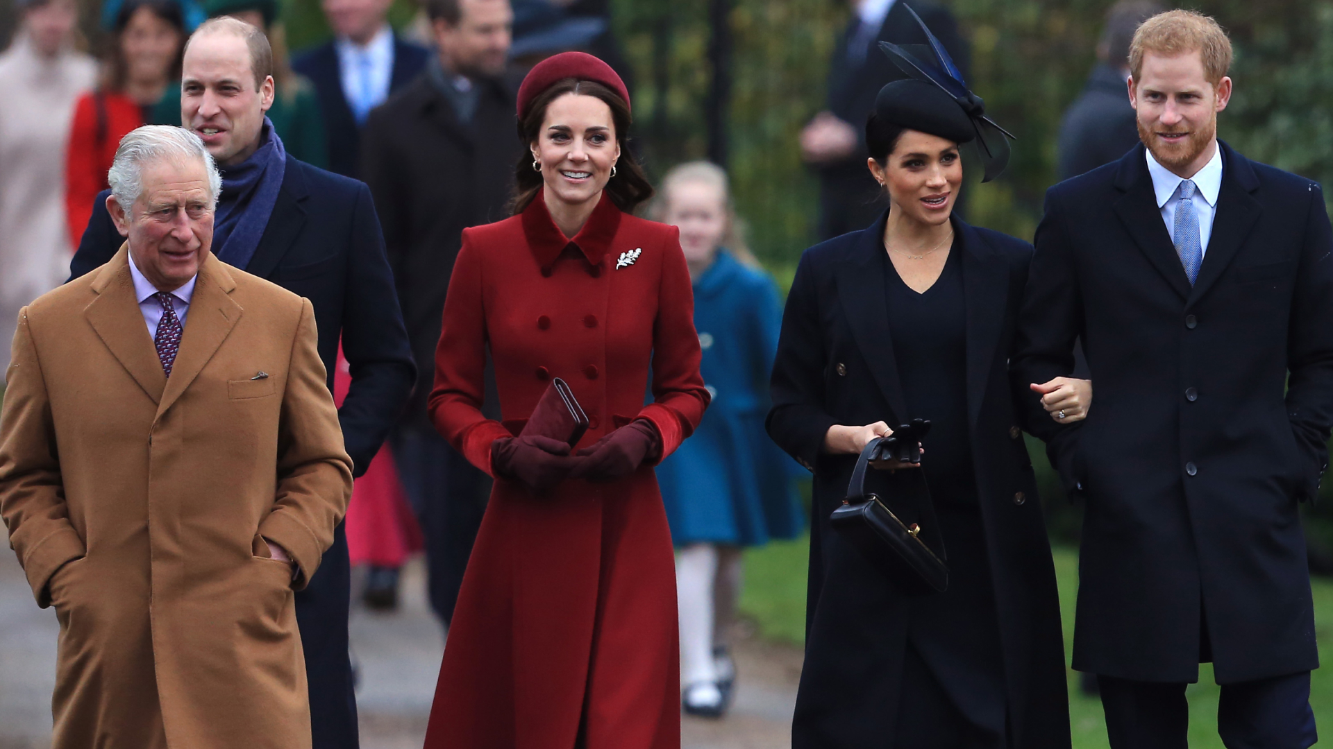 King Charles wears a tan overcoat and accompanies members of the Royal Family to church on Christmas Day, including Meghan Markle and Prince Harry