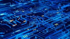 A futuristic circuit board on a dark blue background.