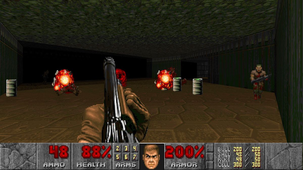 Doomguy firing a shotgun in DOOM 1 