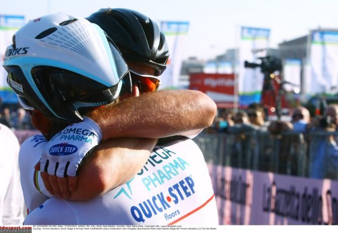 Mark Cavendish celebrates his stage win at Tirreno-Adriatico with teammate Michal Kwiatkowski