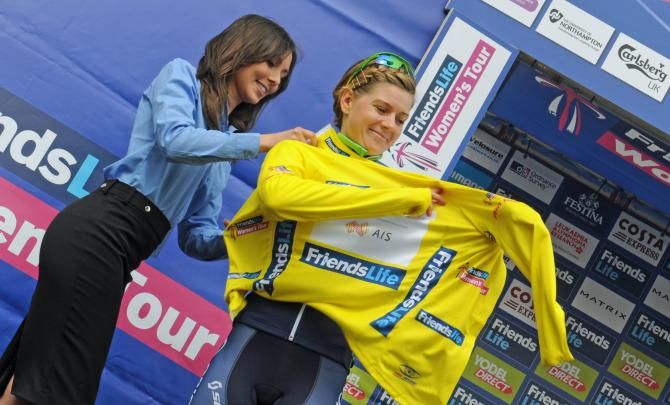 Emma Johannson pulls on the first-ever women's Tour of Britain jersey