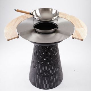 two in one grill and firepit with wooden shelves in black colour