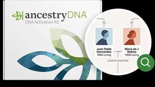 An Ancestry DNA test kit with a diagram of a family tree