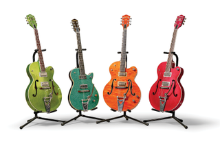 Gretsch Glitz. (from left) The Green Sparkle Hot Rod, 1957/’58 Blue Sparkle Duo Jet, 1960 6120 and Candy Magenta Hot Rod
