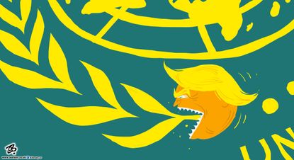 Political cartoon U.S. Trump United Nations speech pac-man