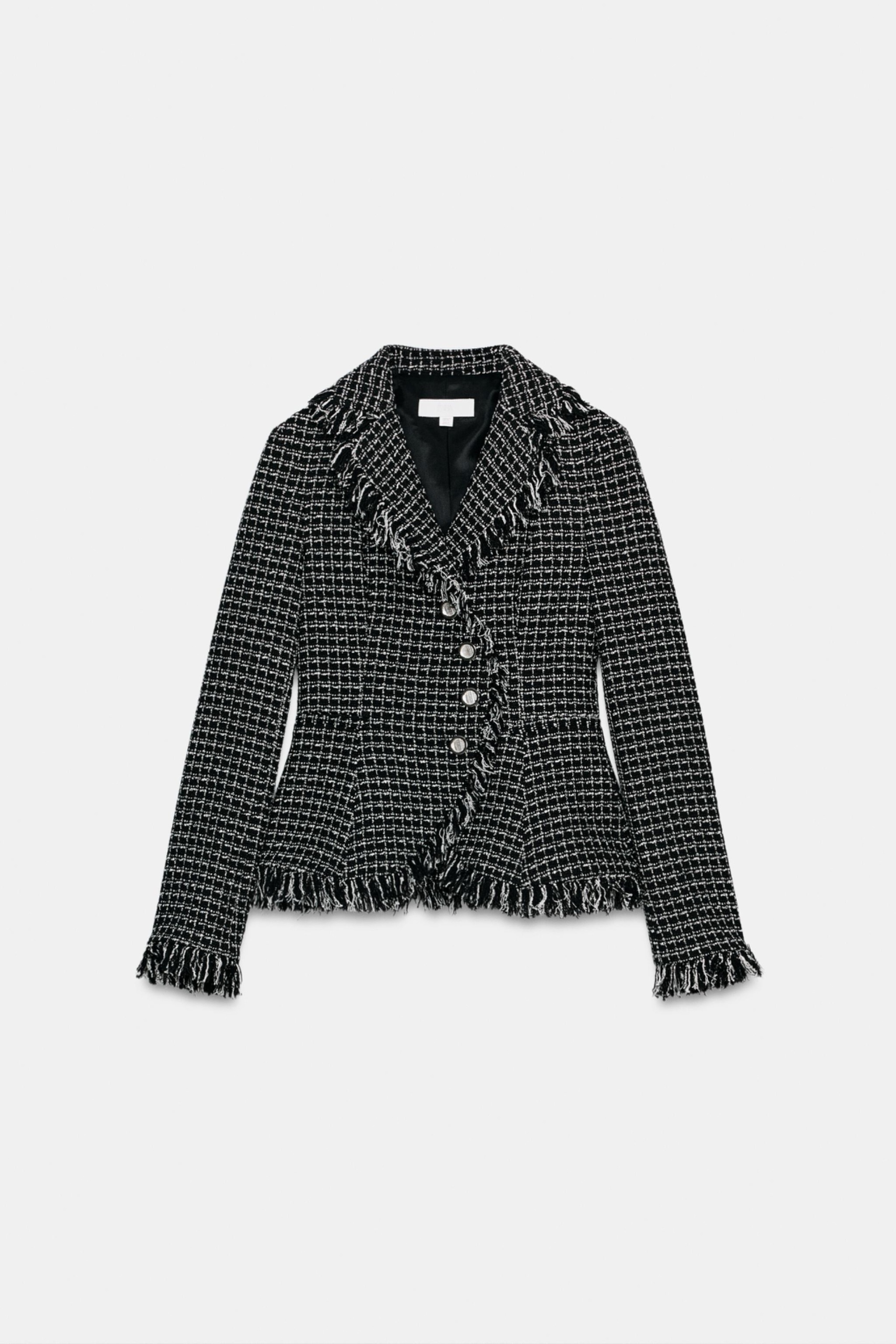 Textured Frayed Blazer - Black / White - Xs