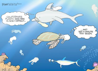 Editorial cartoon U.S. California plastic bag ban