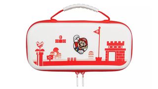 A red and white Mario 2D game image is recreated on the side of Switch Lite case