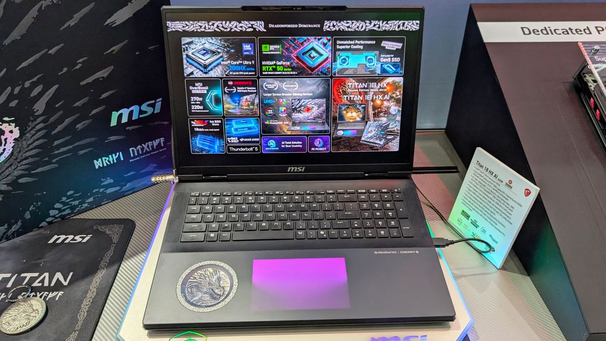 MSI Titan 18 HX Dragon Edition gaming laptop from front on, showing Norse theme at Computex 2025