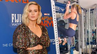 a photo of Brie Larson at a premiere and doing a workout 
