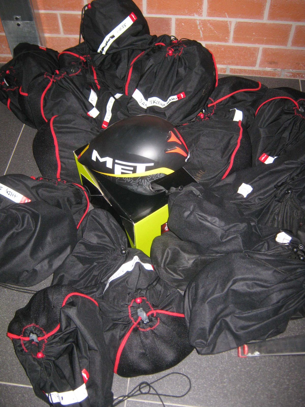 The riders Met time trial helmet are stored together