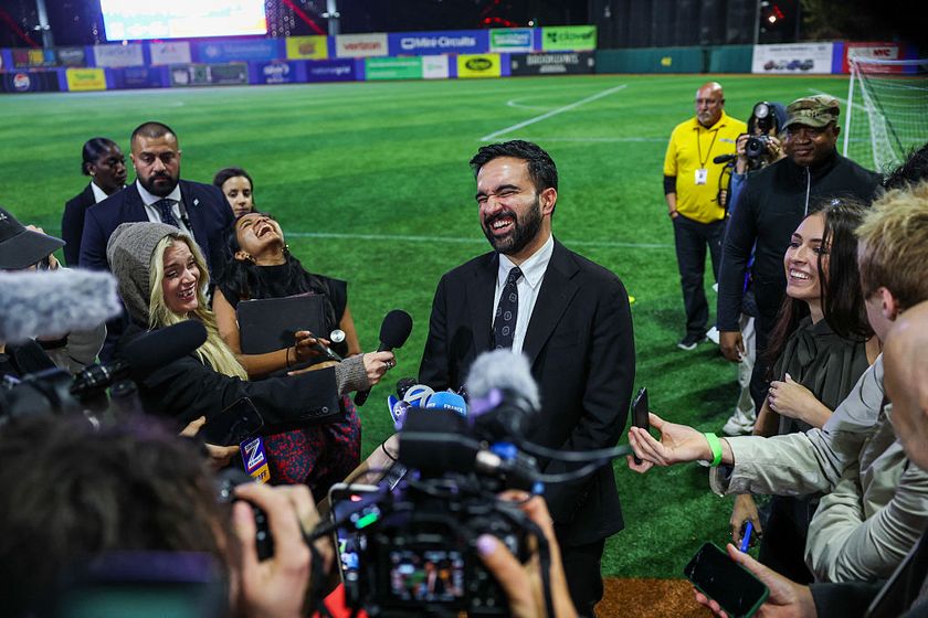 Democratic Mayor of New York City Zohran Mamdani speaks with reporters while hosting "The Cost of Living Classic" soccer tournament with NYC Footy soccer league on October 19, 2025 in New York City
