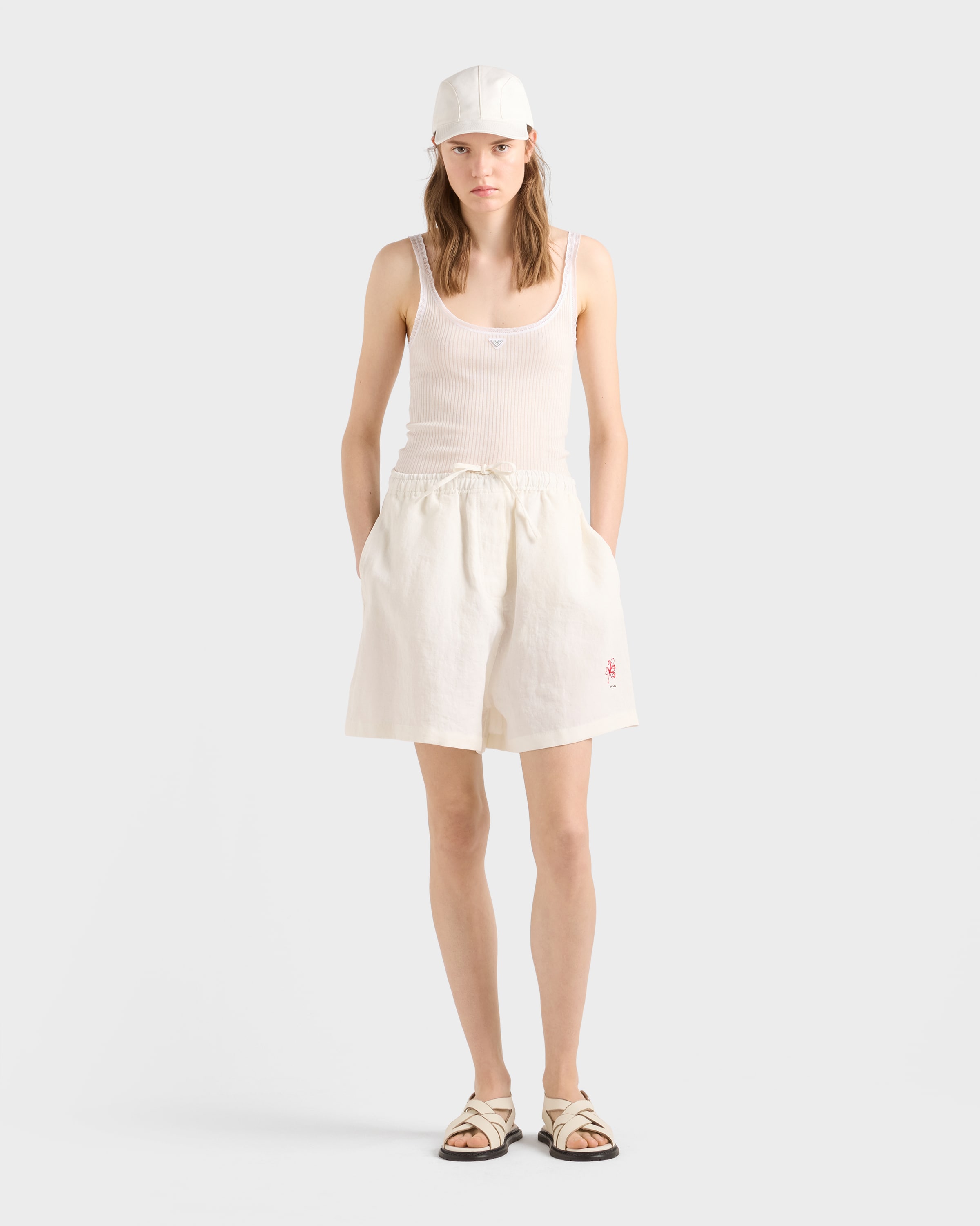 Embroidered Slubbed Linen Shorts