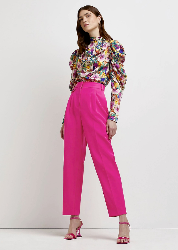 River Island Pink Pleated Tapered Trousers