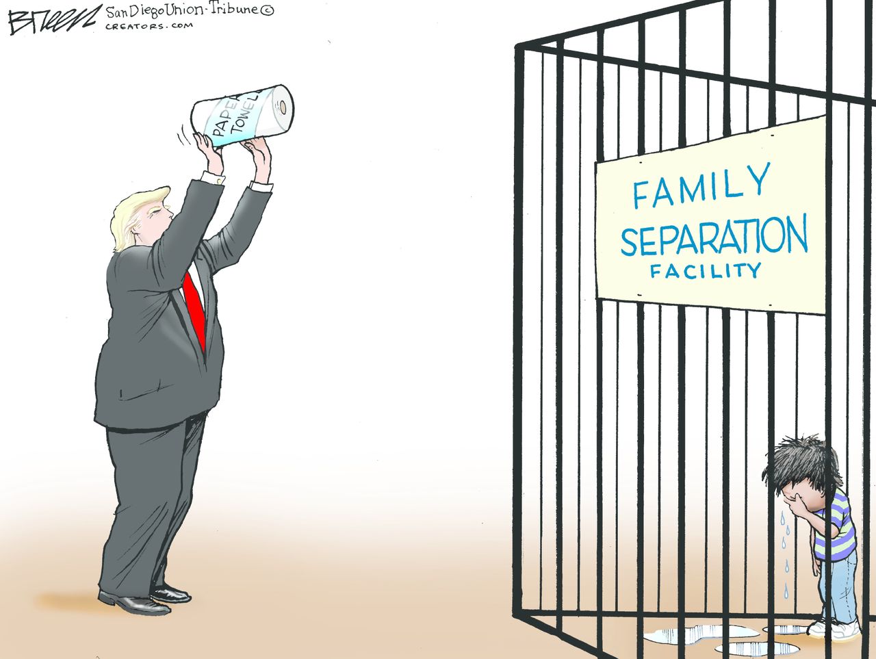 Political cartoon U.S. Trump immigration family separation detention center children paper towels Puerto Rico Hurricane Maria