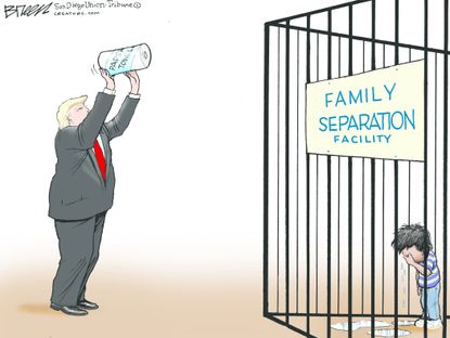 Political cartoon U.S. Trump immigration family separation detention center children paper towels Puerto Rico Hurricane Maria