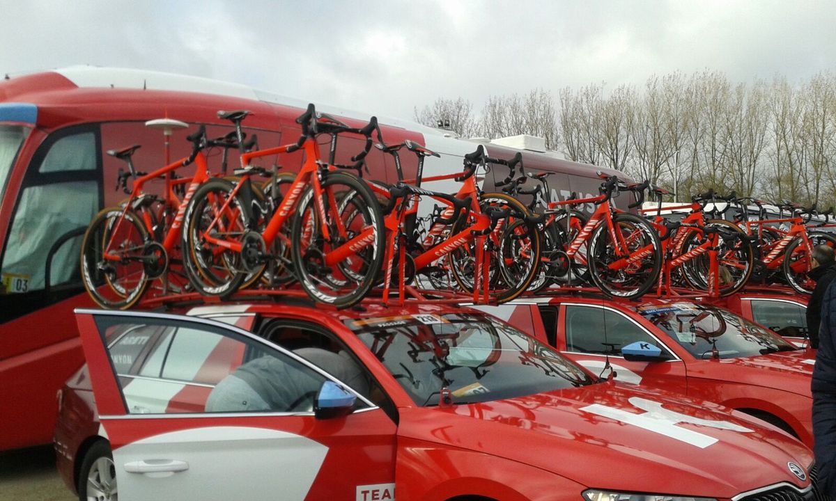 The Katusha bikes and team cars await the start