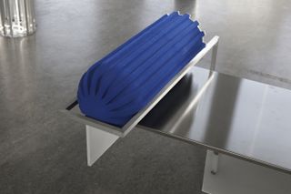 Close up view of bold blue bench