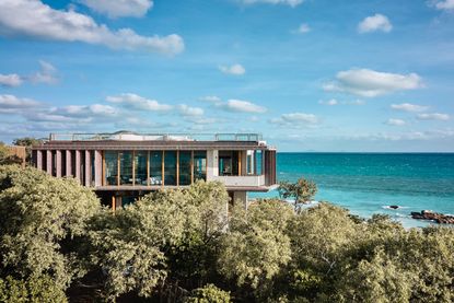 aerial side view of great barrier reef house among trees