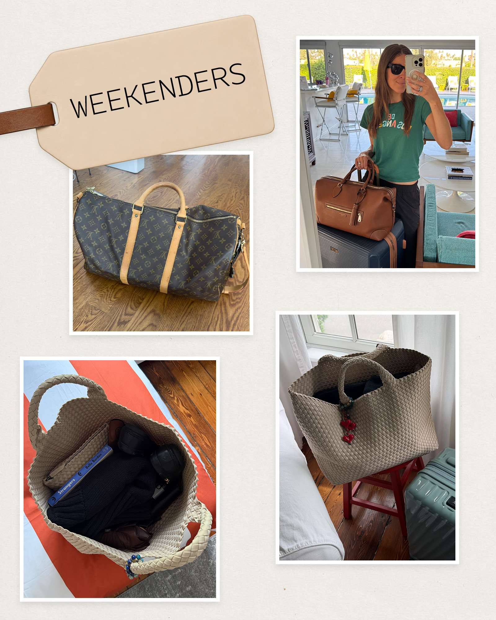 Collage of weekender bags.