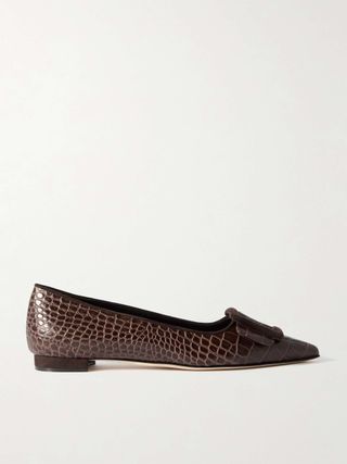 Maysale 10 Buckled Suede-Trimmed Croc-Effect Leather Point-Toe Flats