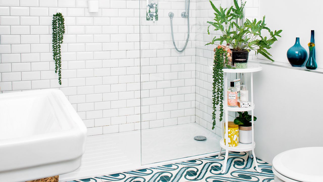 Wet room with plants and patterned floor tiles 